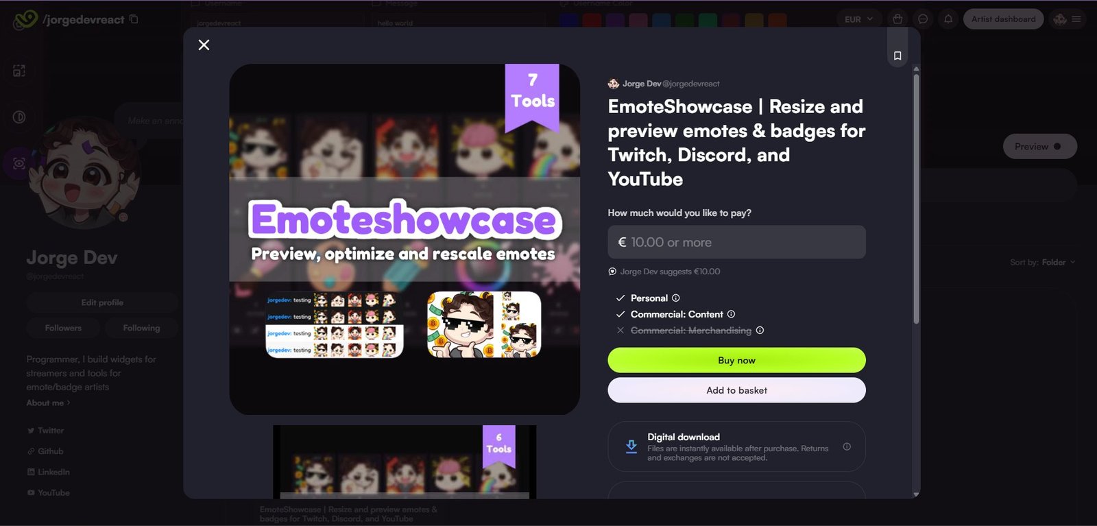 EmoteShowcase listing on the VGen store